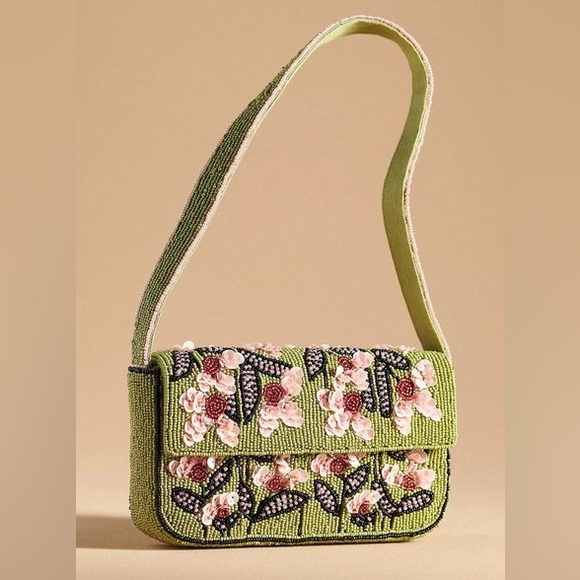 Anthropologie Handbags - Anthropologie Fiona Green Floral Beaded Shoulder Bag